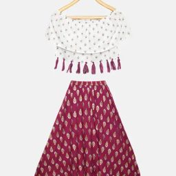 Kiddopanti Kids Off White & Wine Printed Lehenga with Top-image-99