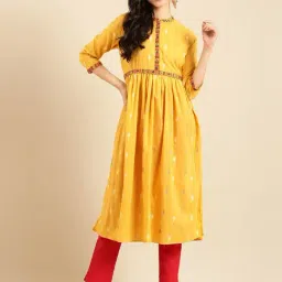 SHOWOFF Mustard Cotton Calf Length A Line Kurta-image-9