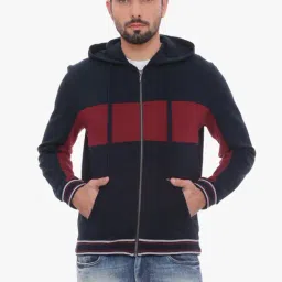 Basics Navy & Red Slim Fit Colour Block Hooded Jacket-picture-4
