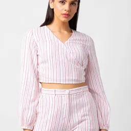 Spykar White & Pink Cotton Striped Top-image-95