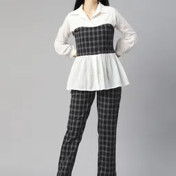 Cottinfab Women Checked Peplum Top with Trousers Co-ord Set-24