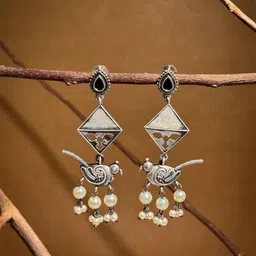 NAMAN ARTS Silver Plated Stones Studded & Beaded Oxidised Contemporary Drop Earrings-image-75