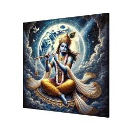 999Store Multicolor Canvas Divine Krishna With Flute Under Full Moon Wrapped Painting image 3