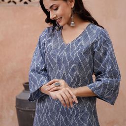 Sangria Blue Abstract Printed Thread Work Pure Cotton Kurta With Trousers And Dupatta-18