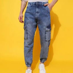 Belliskey Mid Blue Regular Fit Lightly Washed Jogger Jeans-image-3