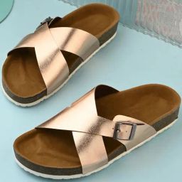 Hoversole Women's Xena Rose Gold Cork Cross Strap Sandals-image-86