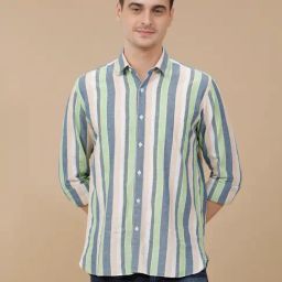 CAVALLO by Linen Club Green Linen Blend Slim fit Stripes casual shirts-image-78