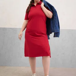 SASSAFRAS Curve Women Plus Size Polo Neck Side Slit Midi Dress-image-9