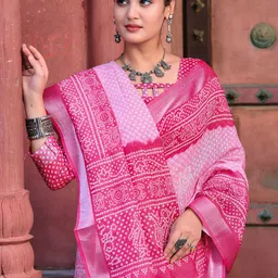 HERE&NOW Bandhani Woven Design Zari Linen Saree With Unstitched Blouse Piece-image-2
