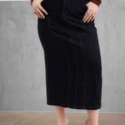 SASSAFRAS Curve Denim Back Slit Straight Midi Skirt-image-40