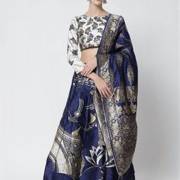 Mr Y Women Navy Blue Banarasi Silk Semi-Stitched Lehenga & Unstitched Blouse With Dupatta-image-89
