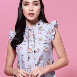 Oomph! Floral Printed Tie-Up Neck Flutter Sleeve Top-picture-6