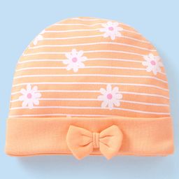 Babyhug 100% Cotton Cap Floral Printed with Bow Applique - Orange-picture-38