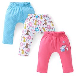 Babyhug Cotton Knit Full Length Diaper Pants Elephant Printed Pack of 3 - Pink & Blue-image-48
