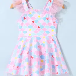 Kookie Kids Half Sleeves Frock Swimsuit with Heart & Star Print - Multicolor-picture-9