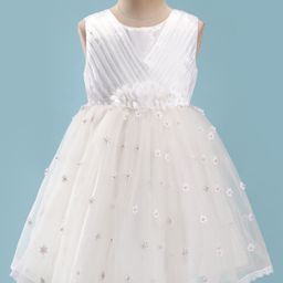 Babyhug Woven Sleeveless Fit and Flare Party Frock with Floral 3D Applique -Off White-image-75