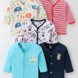 OHMS Single Jersey Knit Full Sleeves Front Open Jhablas with Striped Elephant & Bear Print Pack of 5 - Red White & Blue-image-94