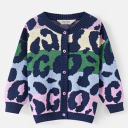 Bonfino 100% Cotton Knit Full Sleeve Drop Shoulder Front Open Sweaters with Leopard Design- Green Yellow & Black-image-88