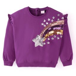 Babyhug Cotton Knit Full Sleeves Sweatshirt With Sequined Rainbow & Star Embroidery - Purple-image-1