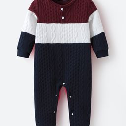 Kookie Kids Full Sleeves Henley Neck Winter Wear Romper with Cable Knit Design - Maroon White & Navy-image-87
