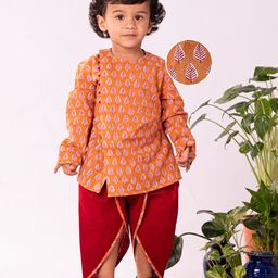 Vastramay Cotton Full Sleeves Motif  Printed Angrakha Style Kurta And Dhoti Set - Peach-image-43