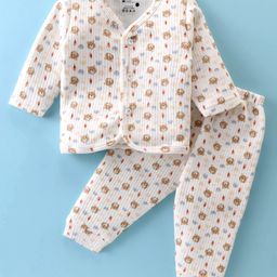 Bodycare Cotton Full Sleeves Front Open Winter Wear Thermal Set with Bear Print - Off White-image-22