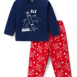 Doodle Poodle 100% Cotton Knit Full Sleeves Night Suit With Airplane Print - Red & Navy Blue-image-57