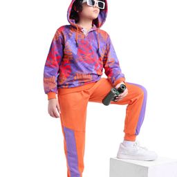 Ollington St. 100% Cotton Knit Full Sleeves Hooded Sweatshirt & Joggers Set Tropical Theme Print - Purple Orange & Red-image-41