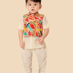 little desi Full Sleeves Solid Kurta with Coordinating Pyjama & Abstract Printed Jacket - Multi Colour-picture-13