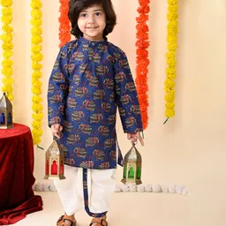 MoMaa Pure Cotton Full Sleeves Elephants Printed Dhoti Kurta Set - Blue & White-picture-28
