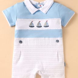 Child World Interlock Knit Half Sleeves Romper With Boat Embroidery - Light Blue & White-image-55