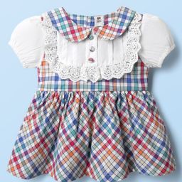 ToffyHouse Cotton Woven Half Sleeves Checks Frock With Lace Detailing - Multicolor-image-43