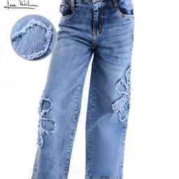 Arias Woven Full Length Stretchable Medium Wash Denim Jeans With Floral Applique - Light Blue-image-16