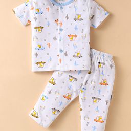 Child World Interlock Knit Half Sleeves Night Suit With Animal & Car Print - Light Blue-image-23