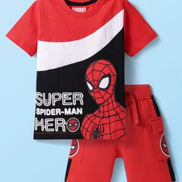 Babyhug Marvel Single Jersey Knit Half Sleeves Cut and Sew T-Shirt & Shorts Set With Spider-Man Graphics - Red & Black-image-95