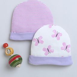 BUMZEE Pack Of 2 Striped & Butterfly Printed Caps - White & Lavender - 3-6m - Cotton - (3 to 6 Month)-image-50