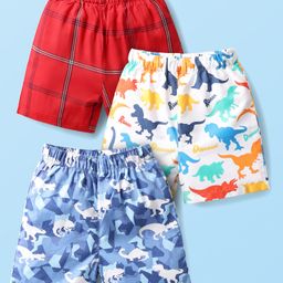 Babyhug Cotton Woven Boxers With Checks & Dino Print Pack Of 3 - Red Blue & White-image-50