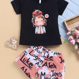 TOONYPORT Cotton Half Sleeves Cute Girl Printed Tee With Shorts Set - Black-picture-26