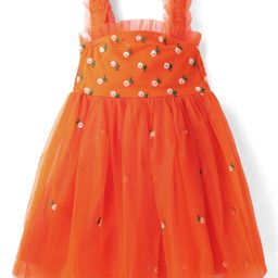 Kookie Kids Woven Sleeveless Net Party Frock With Floral Embroidery - Orange-image-17