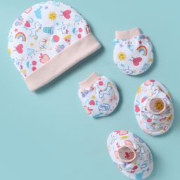 Ben Benny 100% Cotton Knit Cap Mitten & Booties Set With Fruits Print Pink - Diameter 10 cm-18