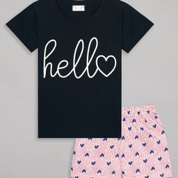 Sheer Love Cotton Jersey Half Sleeves Hello Text & Hearts Printed Night Suit Set - Navy Blue & Pink-image-76