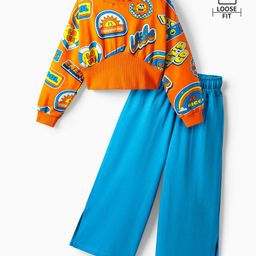 OLLINGTON ST. Cotton Text Printed Full Sleeves Sweatshirt And Trouser - Orange & Blue-image-69