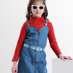 Ollington St. Cotton Lycra Rib Full Sleeves Top & Denim Pinafore - Maroon & Blue-picture-13