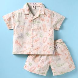 ToffyHouse Cotton Woven Half Sleeves Shorts Co-Ord Night Suit With Beach Theme Print - Cream-image-98