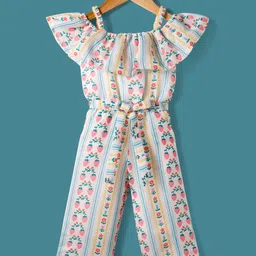 Twetoons Woven Frill Sleeves Jumpsuit with Fabric Belt & Tropical Theme Print - Cream-picture-30