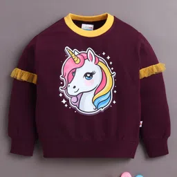 BUMZEE Cotton Knit Full Sleeves Sweatshirt With Frill Detailing & Unicorn Print - Wine-picture-17
