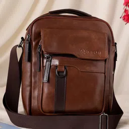VISMIINTREND Men Sling Bag Vegan Leather Stylish Crossbody Shoulder Messenger Bag for Office, Travelling, Business, Regular Use Solid Coffee Brown-picture-3