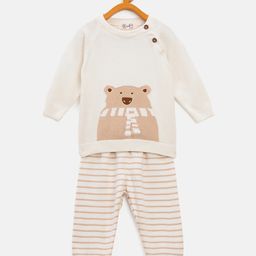 JWAAQ Cotton Knit Full Sleeves Teddy Bear Designed Sweater With Striped Pant Set - Ecru-picture-0