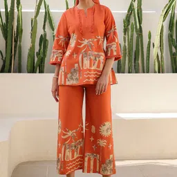JISORA Women's Orange Printed Cotton Top With Trousers Co-Ord Set-49