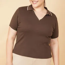 max Women Plus Size Solid Polo Collar T-shirt-picture-21